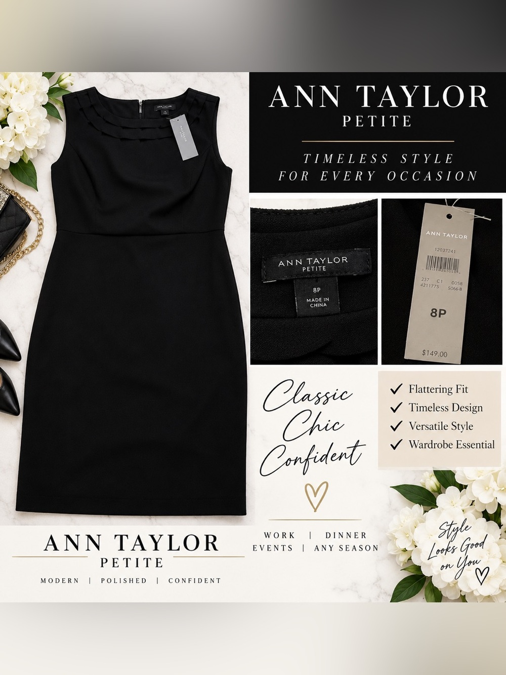 #0389 NWT Ann Taylor Petite Black Sheath Dress Size 8P
